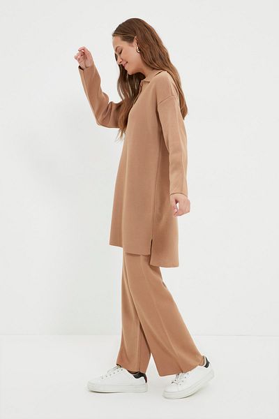 Trendyol Modest Camel Polo Collar Tunic-Pants Knitwear Suit TCTAW22US0076