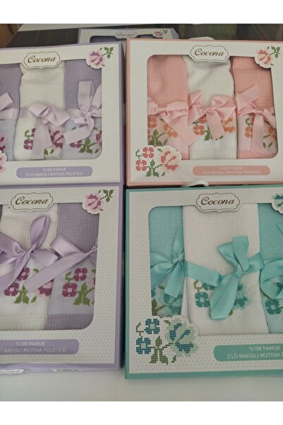 Cocona Pembe Pamuklu Hediyelik Kanaviçeli Mutfak Havlusu 3'lü Karışık Renkli