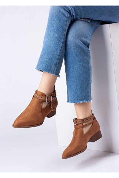 Bej Ayakkabı Women's Camel Suede Low-Heeled Shoes with Back Zipper and Side Buckle Adjustment