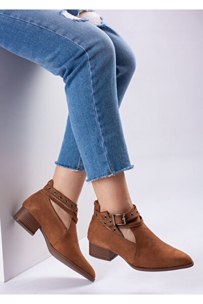 Bej Ayakkabı Women's Camel Suede Low-Heeled Shoes with Back Zipper and Side Buckle Adjustment