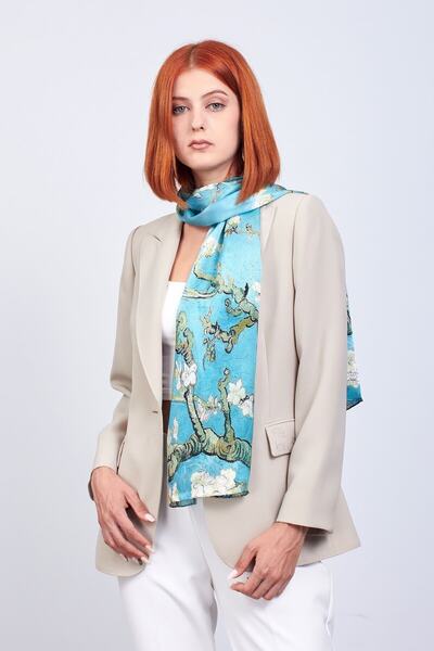 Nomads Felt 100% Silk Scarf| Turquoise| 35x160 cm| Van Gogh Almond Tree
