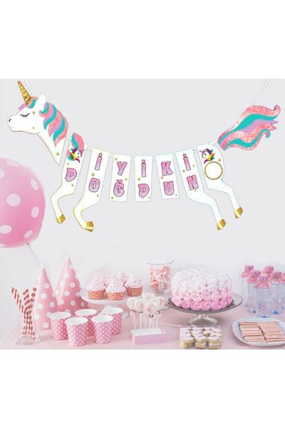 Parti dolabı Πανό με γράμματα Happy Birthday σε σχήμα αλόγου με θέμα το μονόκερο