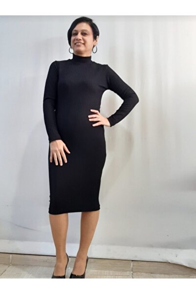 Mertcan Butik Rochie creion neagră din bumbac pieptănat sub genunchi