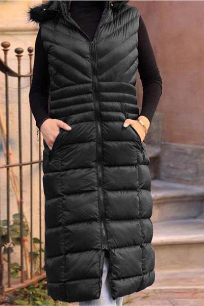 TRENDTESETTÜR Women's Black Hooded Fur Puffer Vest 1965