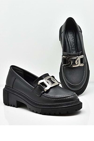 Herayakkabi Kadın Kalın Taban Tarz Tokalı Oxfort Siyah Ve Gri Günlük Ayakkabı