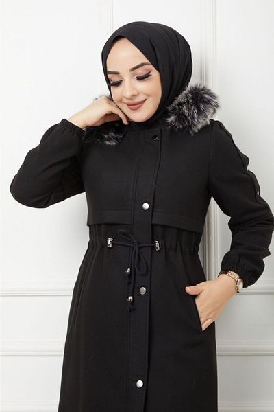 KMKkombin Women's Zippered Full Length Cashmere Hooded Fur Long Stitched Topcoat Coat