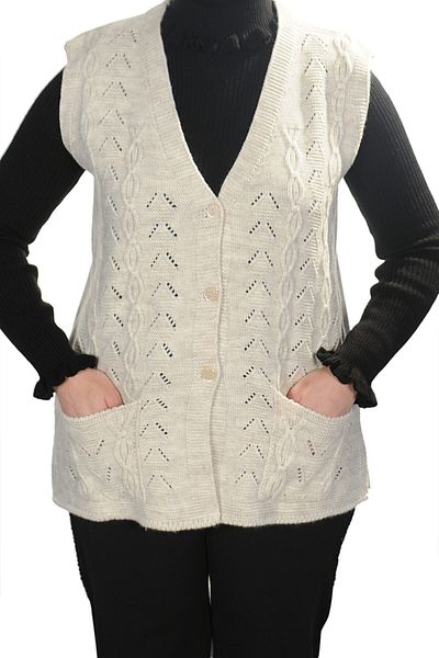Fresh&Moda Women's Cream V-Neck Chain Knitted Wool Knitwear Mother Vest
