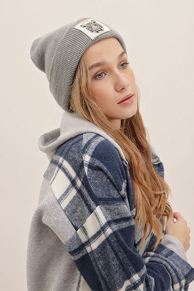 Trend Alaçatı Stili Woman Gray Tiger Embroidered Beanie ALC-A2418