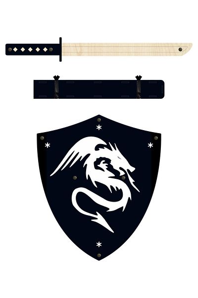 Ahtek Samurai-Ninja Japanese Cut Wood Shield and Katana - Black