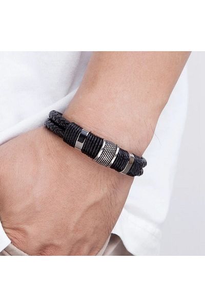 Gogoey Men's Leather Bracelet Stainless Steel Metal Silver Bracelet Black