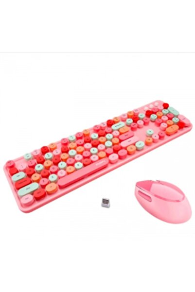 Ally Sweet 2.4g Retro Kablosuz Q Klavye Oyuncu Klavye Ve Mouse Seti Pembe