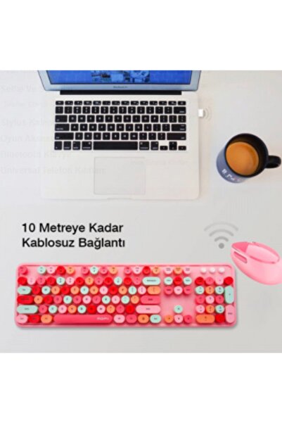 Ally Sweet 2.4g Retro Kablosuz Q Klavye Oyuncu Klavye Ve Mouse Seti Pembe