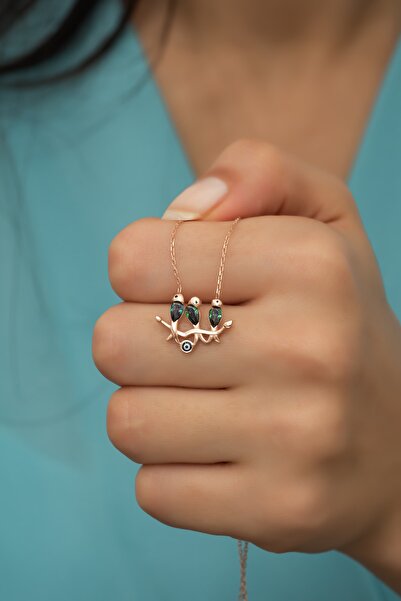 Nereze 925 Ayar Gümüş Mistik Topaz Taşlı Daldaki Kuşlar Kolye