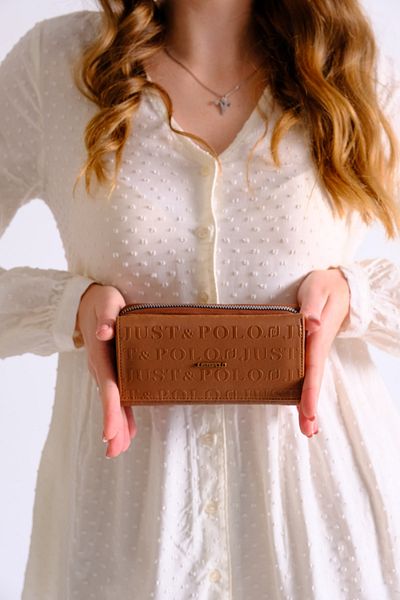 Just Polo Coffee Color Kubrabutik Women's Vegan Wallet - 8 Cards, 1 Id Compartment, Snap Fastener and Zipper Closure