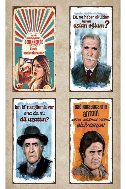 hediyeniburadabul Σετ ρετρό πράσινου πεύκου - 4 ξύλινες αφίσες Ειδική συλλογή...