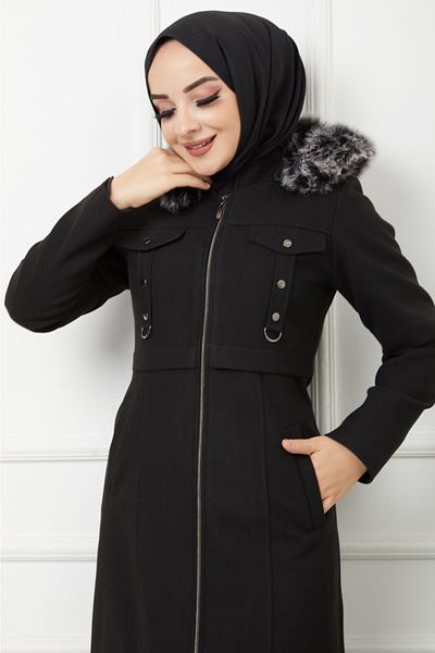 KMKkombin Women's Winter Long Full Length Zippered Hooded Fur Stuffed Topcoat Coat