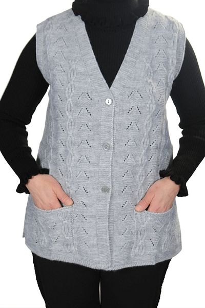 Fresh&Moda Women's Light Gray V-Neck Chain Knitted Wool Knitwear Mother Vest