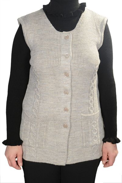 Fresh&Moda Women's Cream Round Neck Buttoned Wool Vest with Pockets