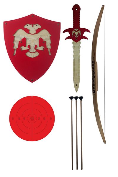 Ahtek Wooden Toy Set of 4, Seljuk Shield, Sword, Natural Hornbeam Arrow Bow, Target, Red