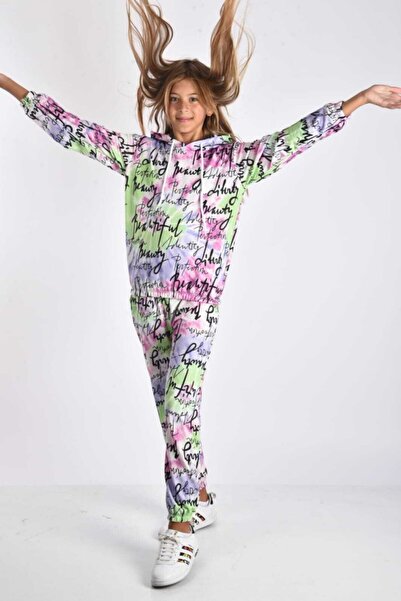 Generic Brand Lilac Written Tie-Dye Patterned Hooded Pocket Girl's Seasonal T...