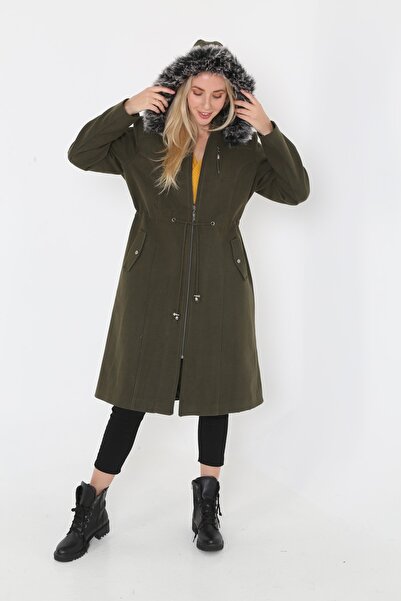 KMKkombin Women's Zippered Hooded Furry Below Knee Cashmere Coat