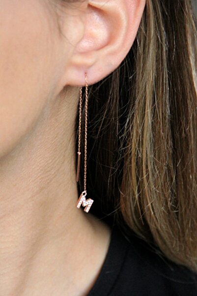 Argentum Concept M Harfi 925 Ayar Gümüş Rose Tek Zincir Küpe - K100201