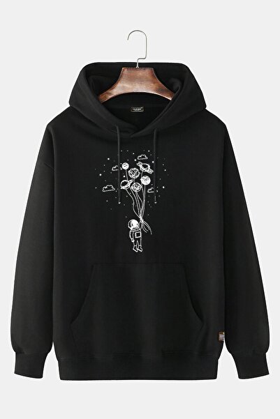VEAVEN Unisex Siyah Kapüşonlu Balon Baskılı Slim Fit Kanguru Cepli Sweatshirt