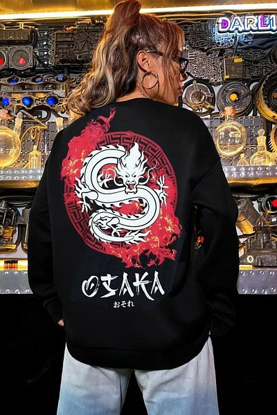 Mad&Calf Дамски черен суитшърт с щампа Osaka, дебел и голям размер