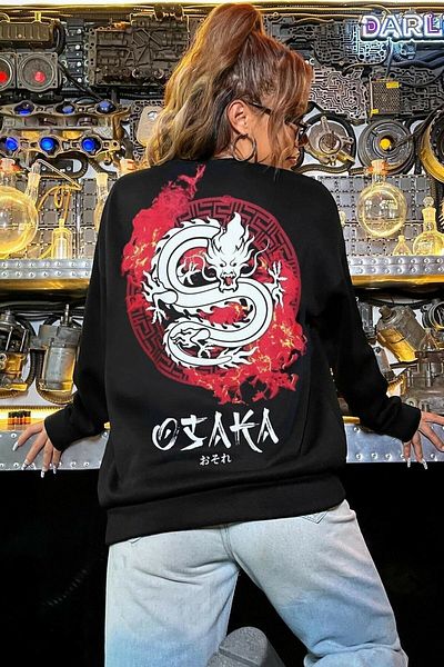 Mad&Calf Дамски черен суитшърт с щампа Osaka, дебел и голям размер