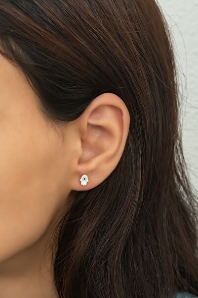 Nereze 925 Ayar Gümüş Minimal Mineli Fatma Ana Eli Küpe