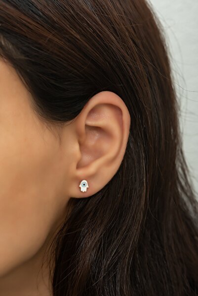 Nereze 925 Ayar Gümüş Minimal Mineli Fatma Ana Eli Küpe