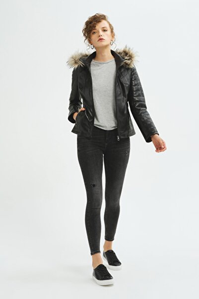 İkbal Scarlett Siyah Hakiki Deri Mont Kadın