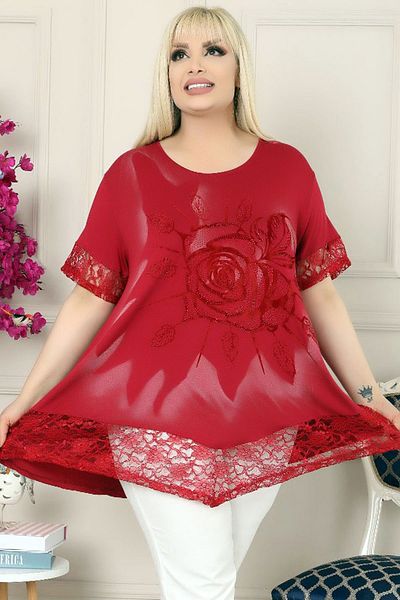 Kheos Tunic with Lace Skirt and Cuffs, Flock Printed Rose Motif