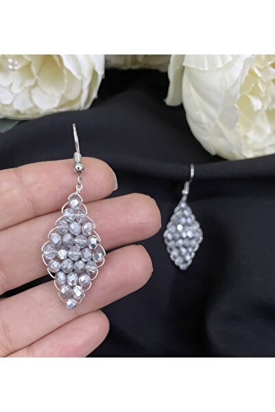 DesaAccessories Tamamen El Yapımı Gümüş Renk Kristal Taşlı Küpe