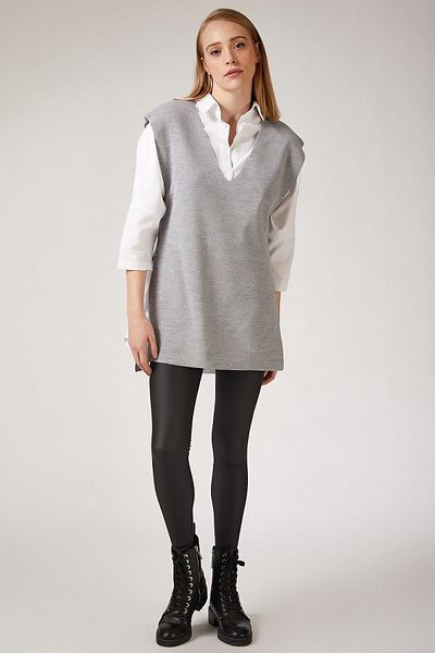 hoombutik Women's Gray V-Neck Belted Long Knitwear Sweater