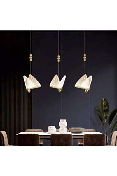 burenze Elegance Modern Kelebek Tasarım Üçlü Sarkıt Led Avize Sıralı Yemek Masası Rose Gold Sarı