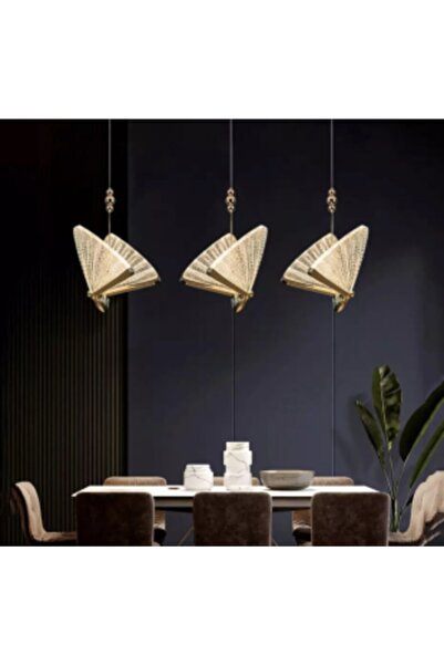 burenze Elegance Modern Kelebek Tasarım Üçlü Sarkıt Led Avize Sıralı Yemek Masası Rose Gold Sarı