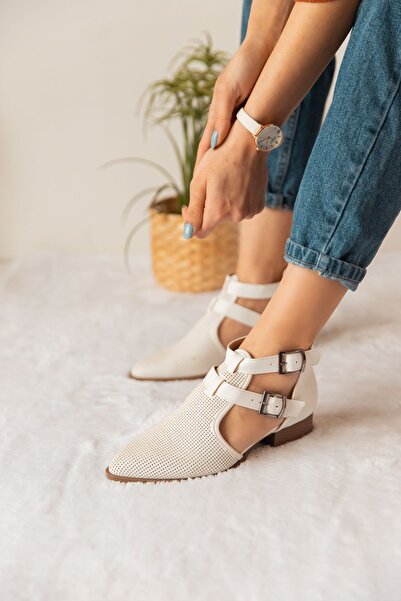 Bej Ayakkabı Γυναικεία λευκά παπούτσια Moli με διπλή πόρπη με φερμουάρ στην πλάτη