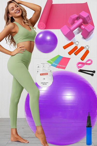 Jet 12-Piece Pilates Set Set Ball 3-Piece Pilates Band Rubber Dumbbell Cushion Mat Jump Rope Hand Spring Purple