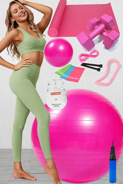 Jet 12-Piece Pilates Ring Set, Ball, 3-Piece Pilates Band, Rubber, Dumbbell Cushion Mat, Jump Rope, Pink