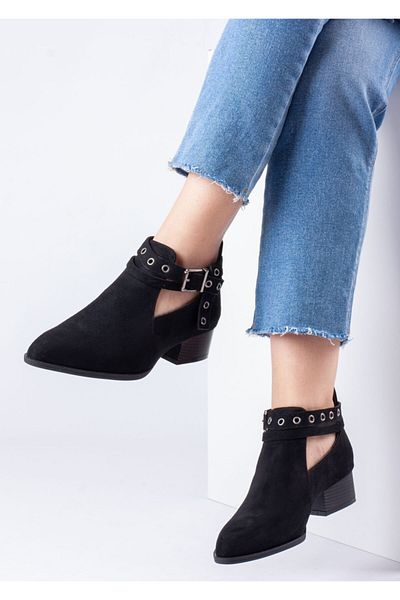 Bej Ayakkabı Women's Back Zippered Side Buckle Adjustable Suede Low Heeled Shoes Black