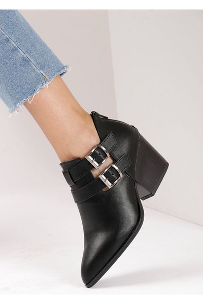 Bej Ayakkabı Women's Side Buckle Adjustable Back Zipper Heeled Shoes Matte Black