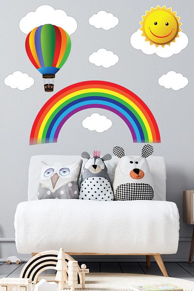 Tilki Dünyası Colorful Rainbow Balloon Sun and Clouds Kids Room Wall Sticker