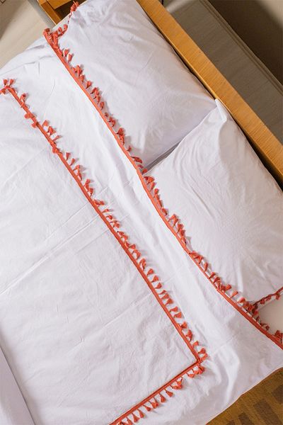 vivamaison White 100% Cotton Double Duvet Cover and Pillow Set with Red Pompom