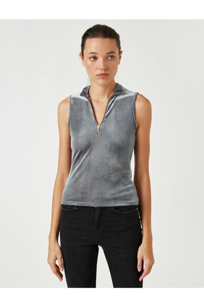 Koton Women's Gray Stand-up Collar Zipper Athlete