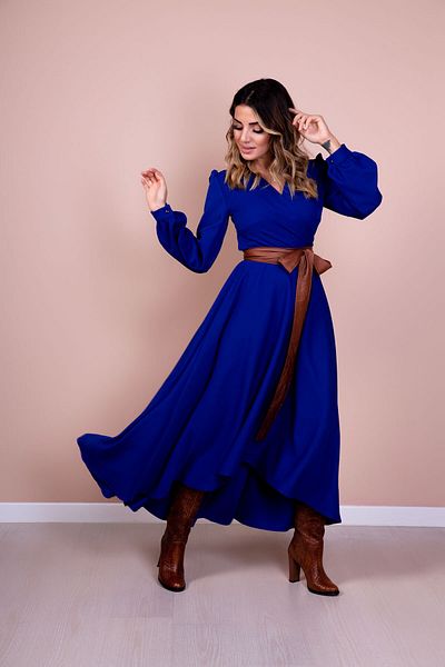 Bidoluelbise Rochie de damă cu centură din piele maronie, cu mânecă lungă, cu croiala asimetrică