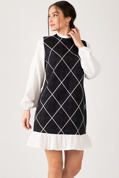 armonika Kleid - Schwarz - Gerüschter Saum