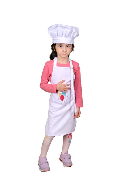 Mandalin Consept مريلة مطبخ للأطفال مع قبعة وطباعة حجر أبيض منقوشة Art1