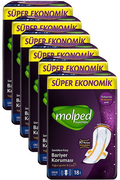 Molped Super Night Night Sanitary Pads Advantage Pack 18 X 6 Pieces