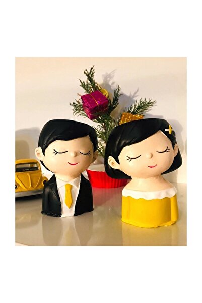 Genel Markalar Özel El Yapımı 2 Adet Kız - Erkek Figürlü Sukulent Saksı